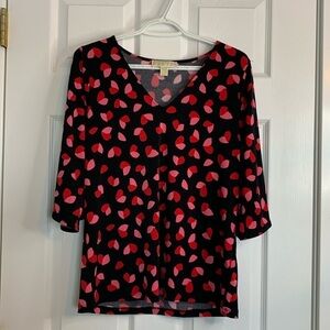 Michael Kors Tunic Black w Pink/Red Hearts Women’s Size Medium Split 3/4 Sleeves